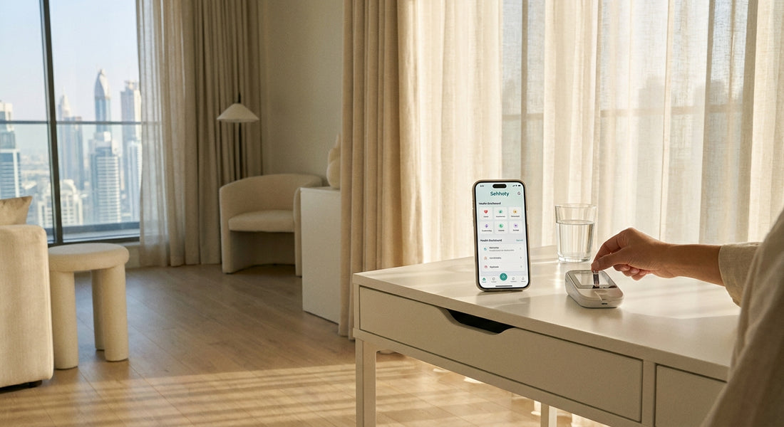 A clean, sunlit modern apartment desk with a discreet at-home medical testing kit, smartphone, and glass of water in warm morning light.