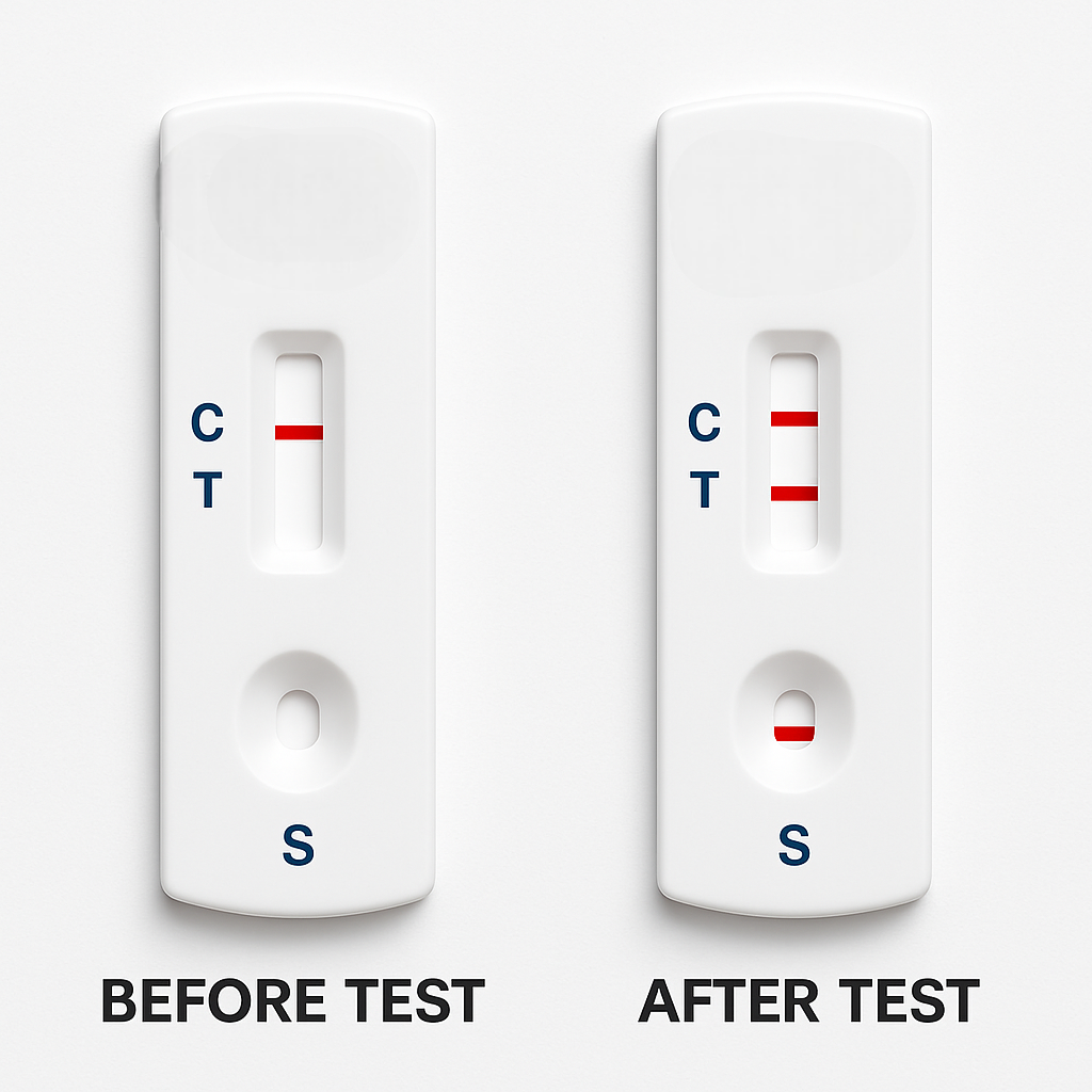HIV test cassettes showing C, T, S lines for before and after results